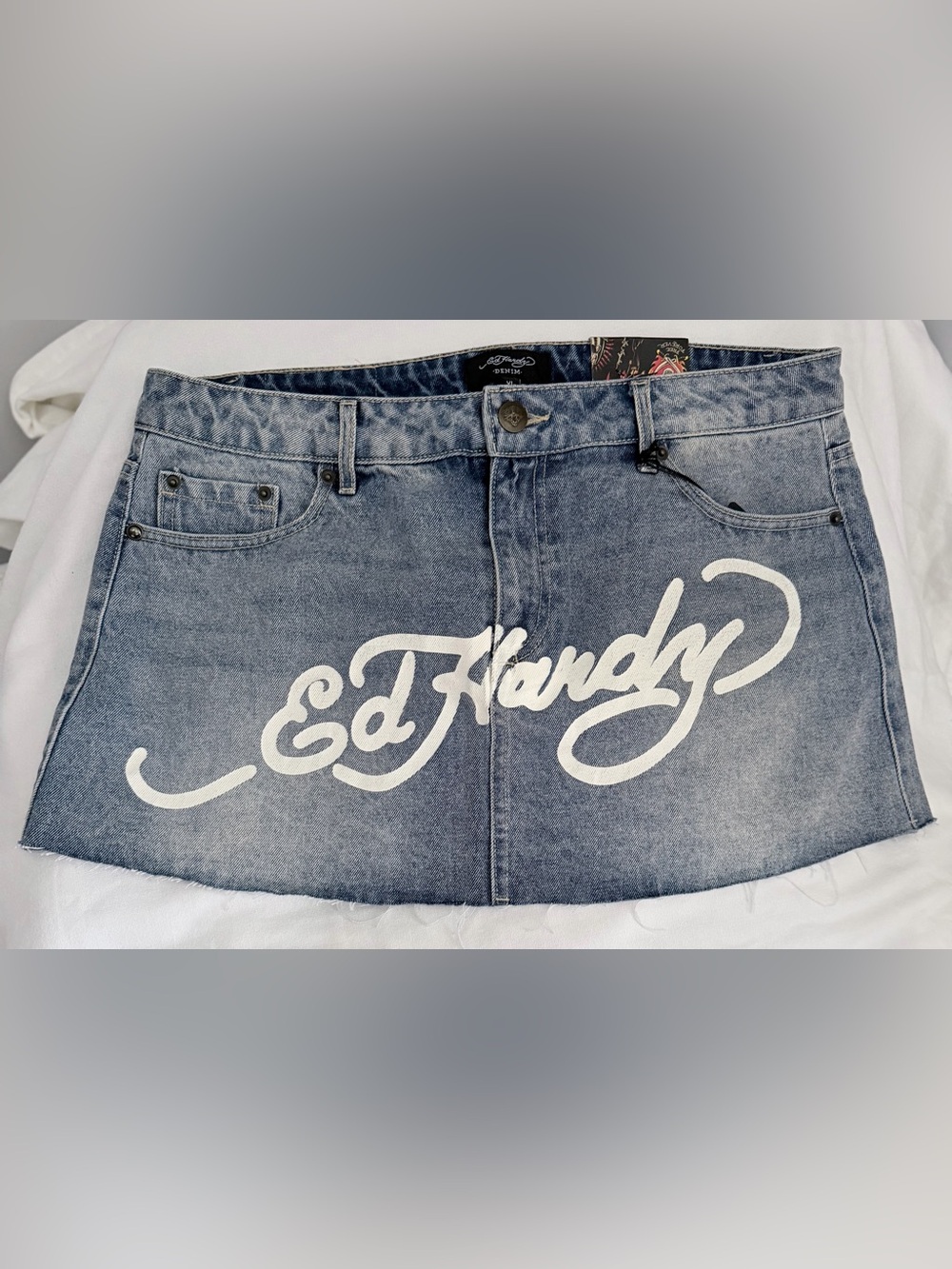 Ed Hardy XL Denim Mini Skirt Dragon Lotus Graphic Tattoo Y2K Jean Skirt